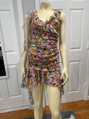 Zara Floral Ruffle V-Neck Dress - Multicolor/ Size Medium/ with stretchy